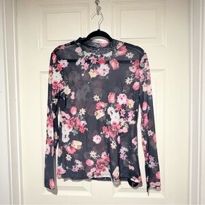 Floral Mesh Long-Sleeve Top - Pink on Gray